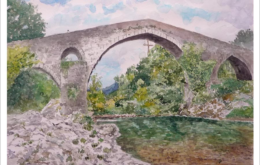 Acuarela del puente romano de Cangas de Onís, Asturias.