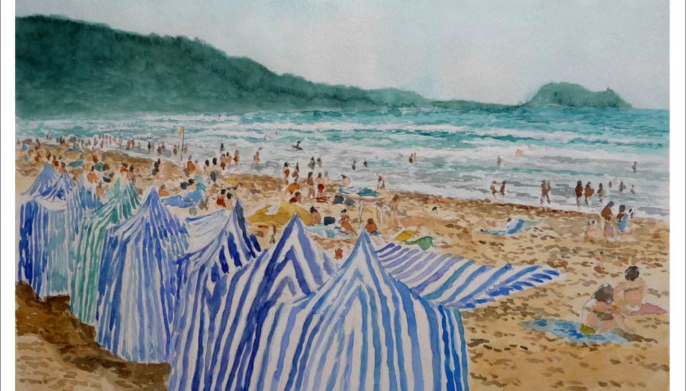 Acuarela de la playa de Zarautz pintada por Rubén de Luis