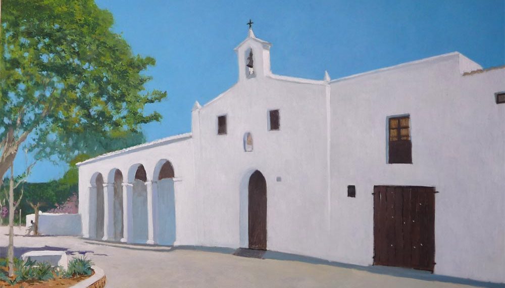 Cuadro al oleo de la iglesia de Jesús en Ibiza pintado por Rubén de Luis