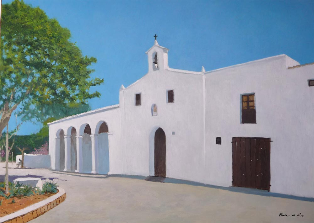 Cuadro al oleo de la iglesia de Jesús en Ibiza pintado por Rubén de Luis