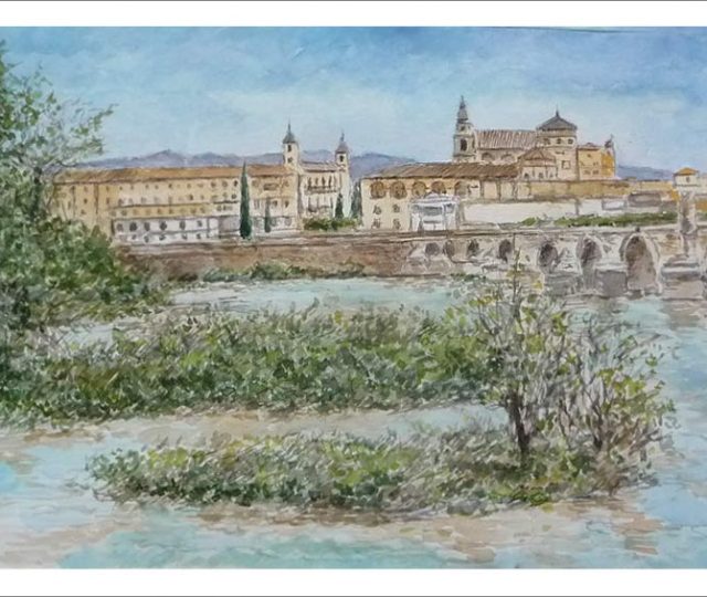 Acuarela de un paisaje de Córdoba desde el puente romano