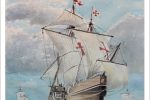 Acuarela de la Pinta, la Niña y la Santa María atravesando el océano camino de América pintada por Rubén de Luis