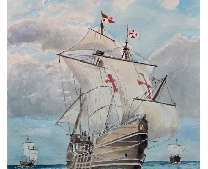 Acuarela de la Pinta, la Niña y la Santa María atravesando el océano camino de América pintada por Rubén de Luis