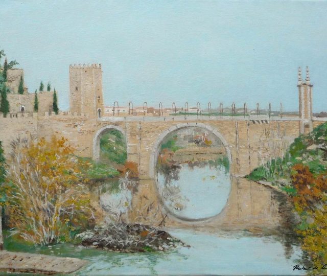 Cuadro al oleo del puente de Alcántara en Toledo pintado por Rubén de Luis
