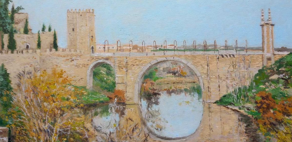 Cuadro al oleo del puente de Alcántara en Toledo pintado por Rubén de Luis