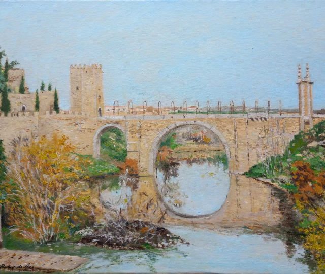 Cuadro al oleo del puente de Alcántara en Toledo pintado por Rubén de Luis