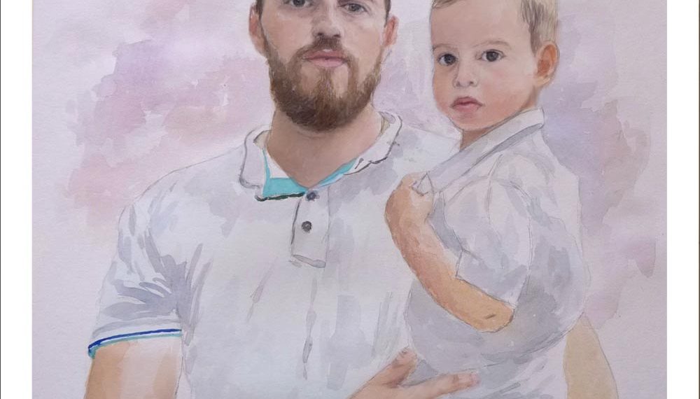 Retrato de un padre y su hijo pintado por encargo a partir de una foto