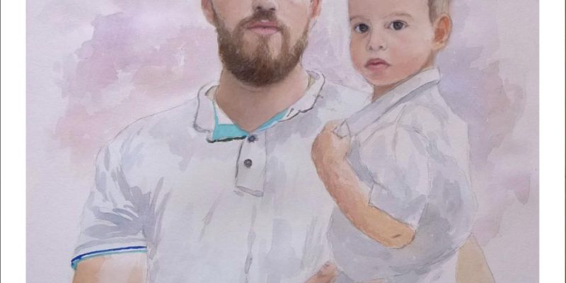 Retrato de un padre y su hijo pintado por encargo a partir de una foto