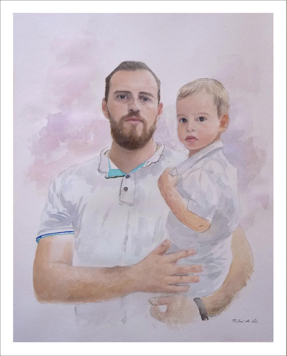 Retrato de un padre y su hijo pintado por encargo a partir de una foto