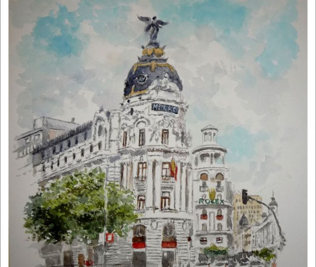 Acuarela del edificio Metrópolis en Madrid del pintor Rubén de Luis