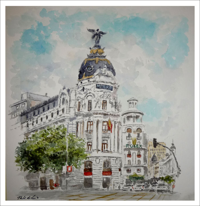 Acuarela del edificio Metrópolis en Madrid del pintor Rubén de Luis