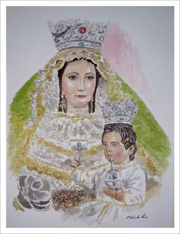 Acuarela de la Virgen de Fuente Clara de Aznalcóllar, Sevilla, pintada por el artista Rubén de Luis