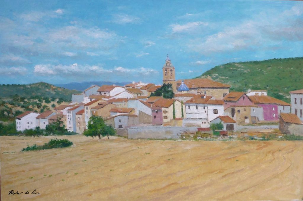 Un cuadro al oleo del pueblo de Puebla de San Miguel pintado por Rubén de Luis