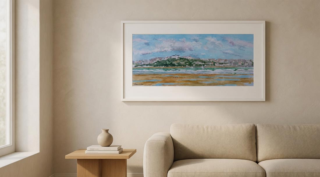 Cuadro en acuarela de Santander desde la playa de Somo