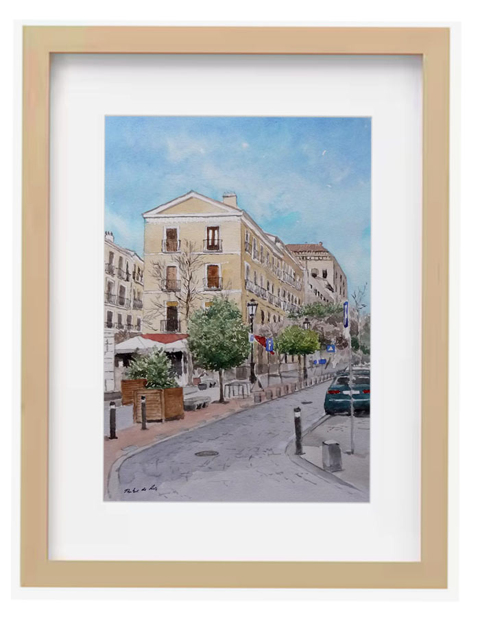 Cuadro en acuarela de la Calle Huertas en Madrid