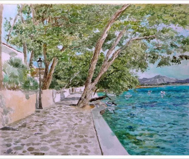 Acuarela del Paseo de los Pinos en Mallorca del pintor Rubén de Luis