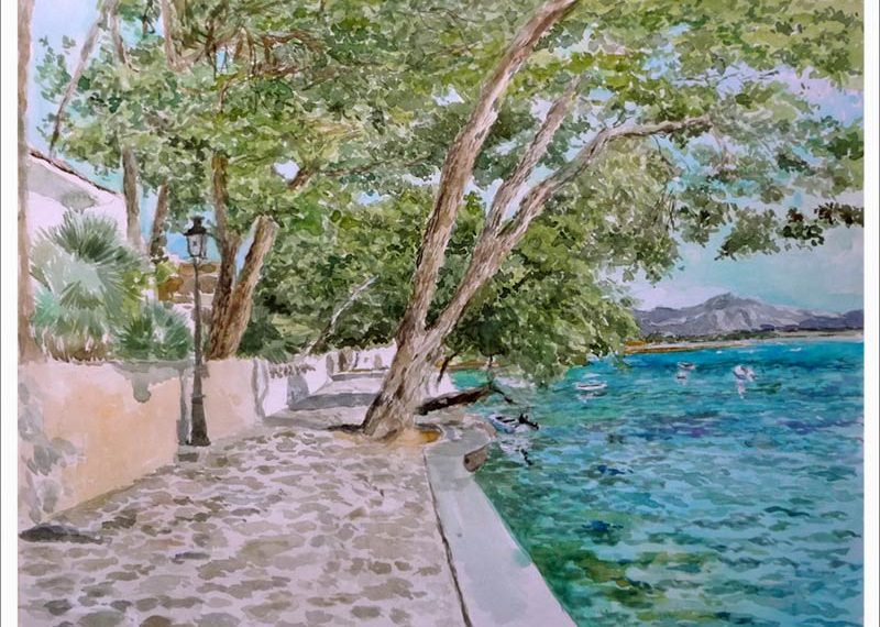 Acuarela del Paseo de los Pinos en Mallorca del pintor Rubén de Luis