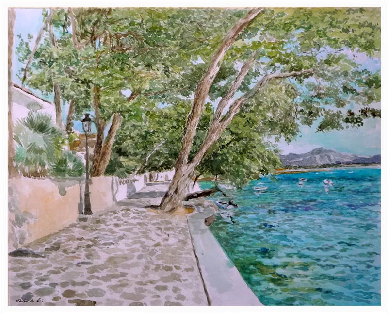 Acuarela del Paseo de los Pinos en Mallorca del pintor Rubén de Luis