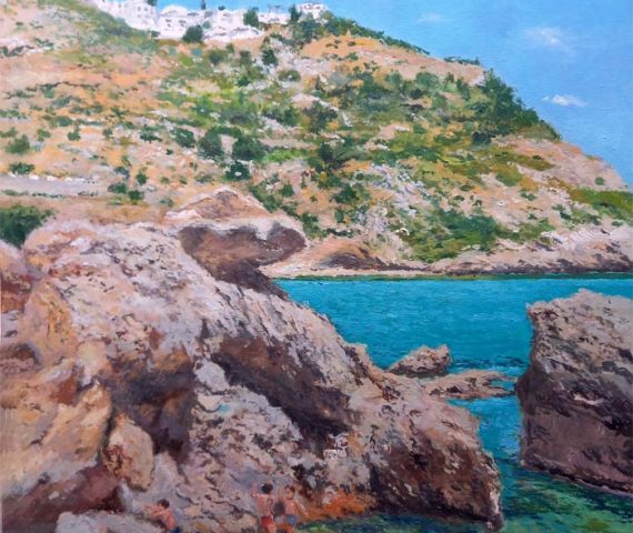 Un cuadro al oleo de la cala Granadella del pintor Rubén de Luis