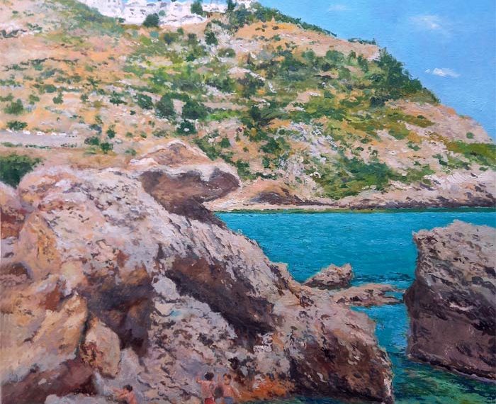 Un cuadro al oleo de la cala Granadella del pintor Rubén de Luis