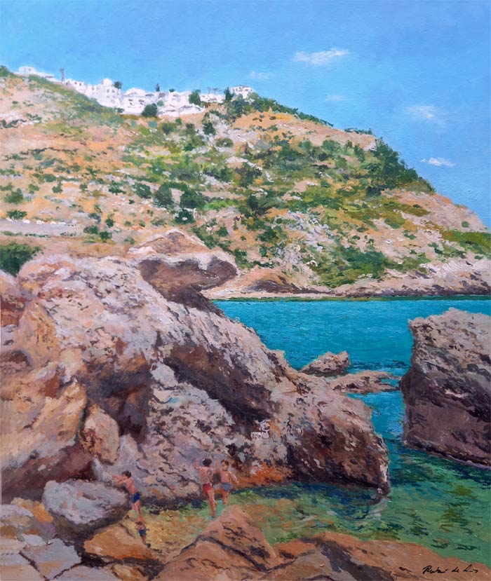 Un cuadro al oleo de la cala Granadella del pintor Rubén de Luis