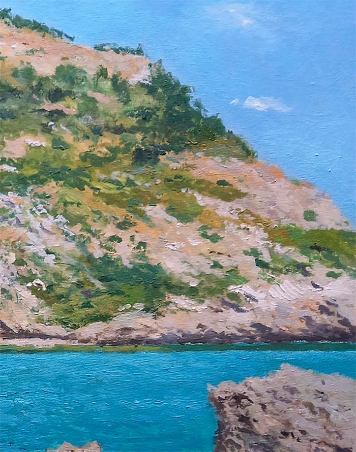 Un cuadro al oleo de la cala Granadella del pintor Rubén de Luis