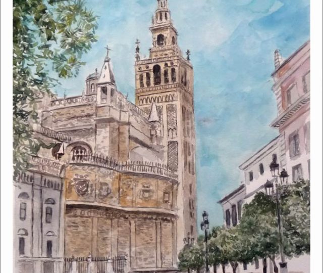 Acuarela de la Giralda en Sevilla realizada por Rubén de Luis