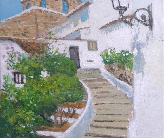 Cuadro al oleo de una calle de Altea del pintor Rubén de Luis