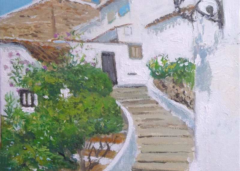 Cuadro al oleo de una calle de Altea del pintor Rubén de Luis