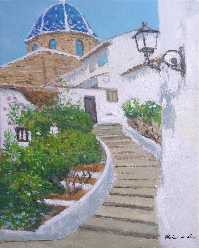 Cuadro al oleo de una calle de Altea del pintor Rubén de Luis