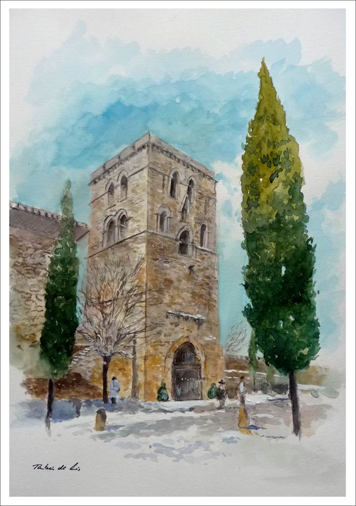 Acuarela de la Torre Abacial en Laguardia, Álava