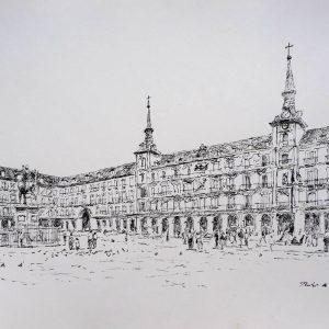 Dibujo de la Plaza Mayor de Madrid del pintor Rubén de Luis