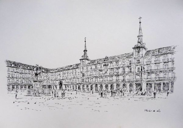 Dibujo de la Plaza Mayor de Madrid del pintor Rubén de Luis