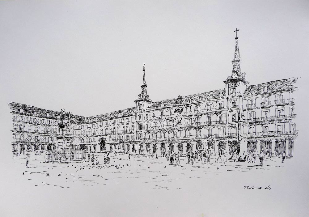 Dibujo de la Plaza Mayor de Madrid del pintor Rubén de Luis