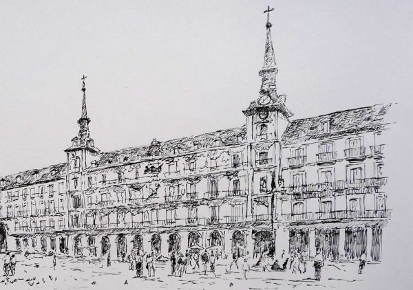 Dibujo de la Plaza Mayor de Madrid realizado por Rubén de Luis