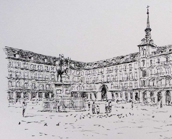 Dibujo a plumilla de la Plaza Mayor de Madrid