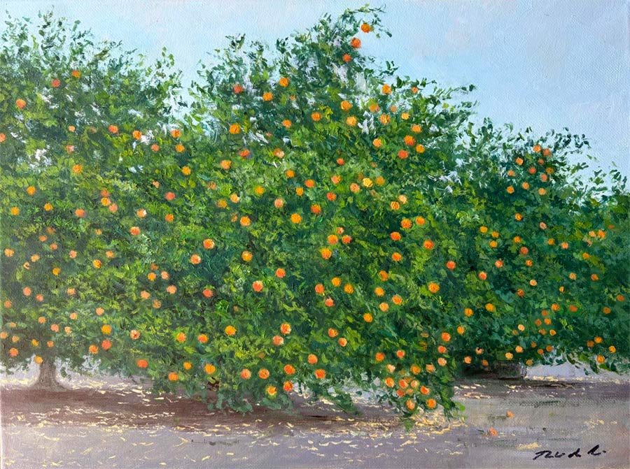 Cuadro al oleo de unos naranjos en Valencia del pintor Rubén de Luis.